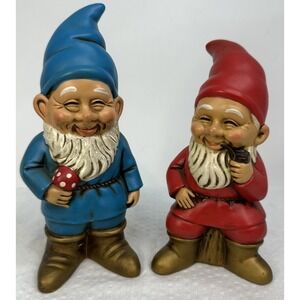 Lot Of 2 Japan Vintage Caffco Gnomes Happy Pipe Mushroom‎ Squinty Fairy Cottage